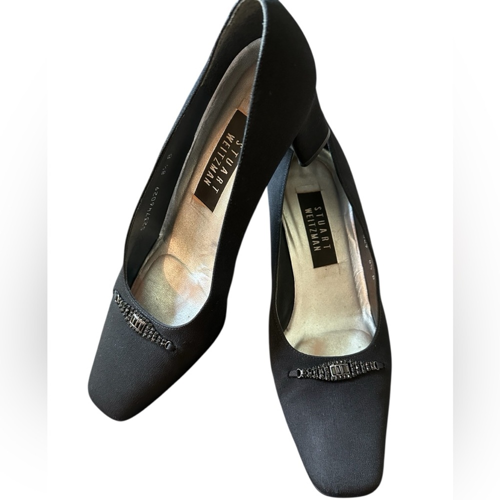 Stuart Weitzman Block Heel Fabric Vintage Style Pumps w/ Black Rhinestone Detail